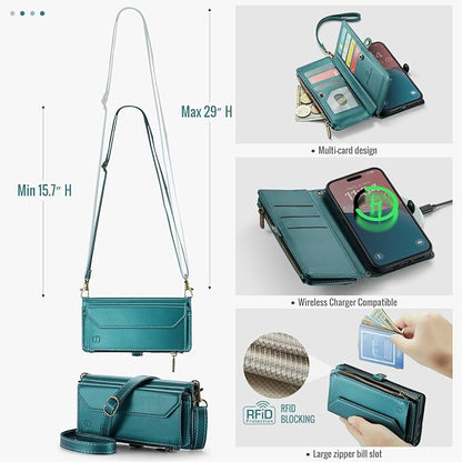 Strapurs Wallet Case Compatible with iPhone 16 Plus 6.7" RFID Blocking 10-Card Holder Soft PU Leather Magnetic Snap Shoulder Strap Zipper Pocket Phone Case Fit for iPhone 16 Plus - Bluegreen