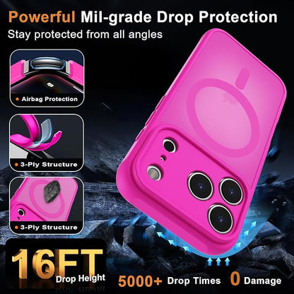 MOCCA Magnetic for iPhone 17 Pro Max Case, (Compatible with Magsafe) (16FT Military Grade Protection) Full Camera Protection Anti-Fingerprint Slim Translucent Matte Phone Cover 6.9",Hot Pink