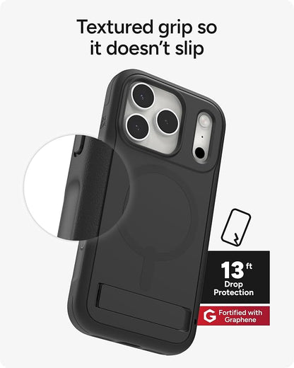 ZAGG Sedona Snap Case with Kickstand for iPhone 17 Pro - Pitch Black, Drop Protection (13ft/4m), Multi-Layer Protection, with Camera Button, MagSafe Phone Case with Impact-Absorbing Bumpers