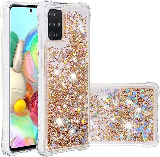 Silicone Phone Case für Galaxy A71 Glitter Gold, Women Bling Liquid Floating Case Soft TPU Bumper Cover Transparent Rubber Protective Shell Scratch Slim Back Case Compatible with Samsung Galaxy A71