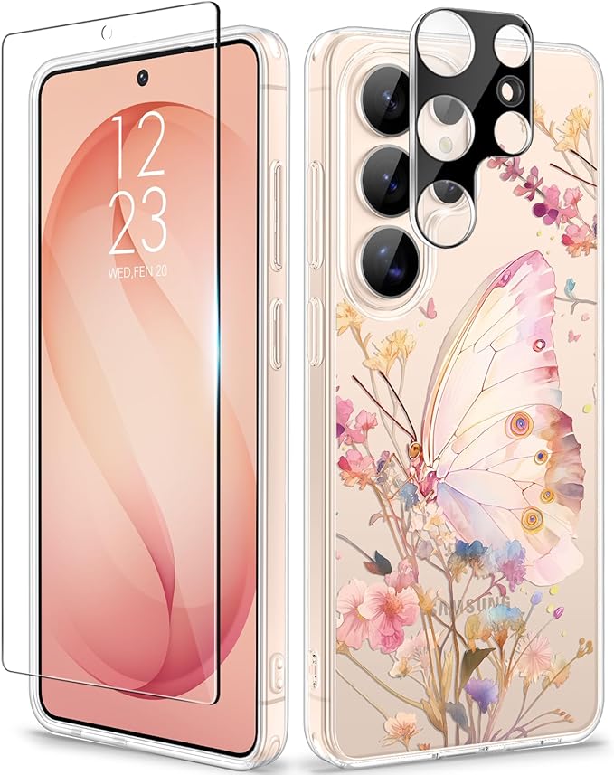 GVIEWIN for Samsung Galaxy S26 Ultra Case, Clear Floral Slim Shockproof Protective Women Phone Case, Non-Yellowing, with Screen Protector & Camera Lens Protector for S26 Ultra 6.9", Magic Butterfly