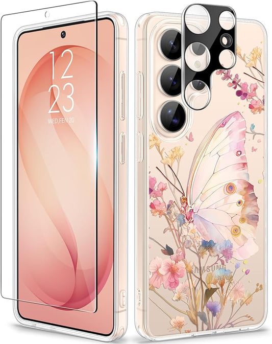 GVIEWIN for Samsung Galaxy S26 Ultra Case, Clear Floral Slim Shockproof Protective Women Phone Case, Non-Yellowing, with Screen Protector & Camera Lens Protector for S26 Ultra 6.9", Magic Butterfly