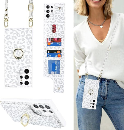 Lipvina for Samsung Galaxy S22 Ultra Case with Card Holder and Strap for Women,Crossbody Lanyard,RFID Blocking,Ring Stand,Snap Clasp,Cute Phone Wallet Cases 6.8 inch(White Leopard)