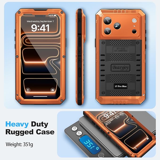 Beasyjoy for iPhone 17 Pro Max Case Waterproof, Heavy Duty Metal Case with Built-in Screen Protector, Full Body Rugged Military Grade Shockproof Dustproof Cover for Construction Outdoor 6.9", Orange