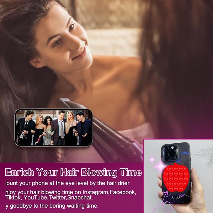 CIEO Silicone Phone Grip, 21 Suction Cups, Suitable for Selfies and Videos on Mirrors, bathrooms and Smooth Surfaces, Compatible with iPhone, Samsung(Apple Shaped, Red)