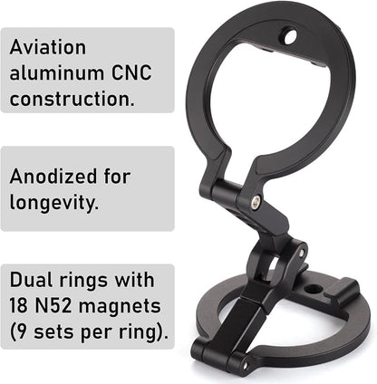 Dual Magnetic Ring Phone Mount - Foldable 360° Rotation CNC Aluminum Stand,1/4" Screw,Cold Shoe Interface, Hands-Free Holder for Live Streaming, Selfies & Multi-Device Use