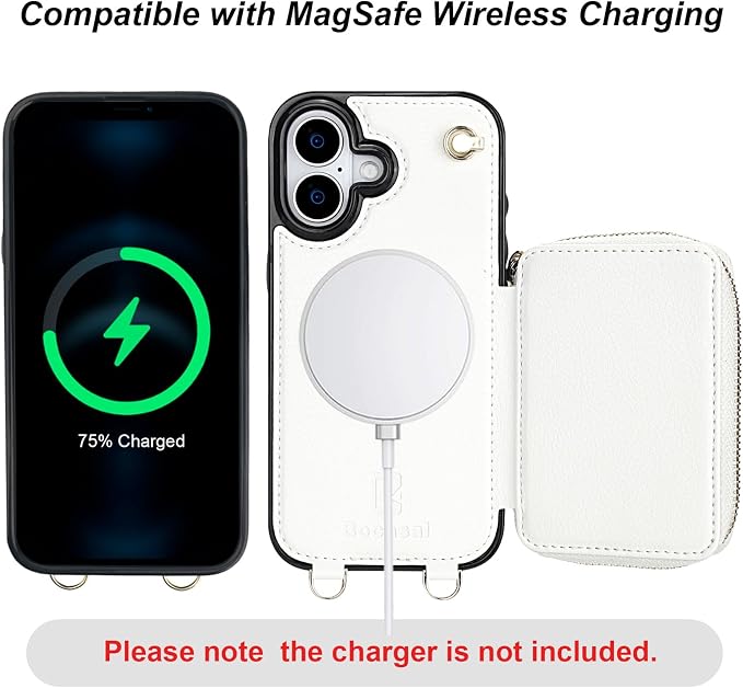 Bocasal for MagSafe Crossbody Wallet Case Compatible with iPhone 17, RFID Blocking Protective Purse Case with Card Slots Holder Kickstand Wrist Strap Lanyard Zipper 6.3 Inch 5G (White)