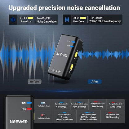 NEEWER CM28 PRO Wireless Lavalier Lapel Microphone System with Charging Case 48KHz 16 Bit Uncompressed Audio Noise Canceling 4GB Storage 9Hrs Recording Compatible with iPhone iPad Android Camera PC