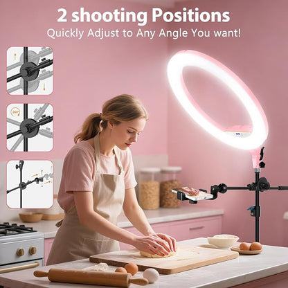 Ring Light with Stand 22inch Kit: Professional Ring Light Overhead Tripod for iPhone ipad, LCD Display/2 USB Ports for Makeup Barber Tattoo Lash Extension Video Photography Lighting (Pink)