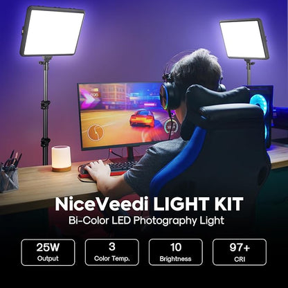 2-Pack Photography Lighting Kit, NiceVeedi 25W LED Video Light Kit, 2900-7000K Dimmable Studio Light with Tripod Stand, 73" Stream Light for Video Recording