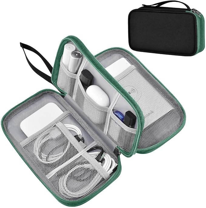 ZINMARK Portable Cable Organizer Case,Travel Pouch with Double-Layer Storage for Cables,Chargers,Earbuds & Phone,Black Green– Small Size
