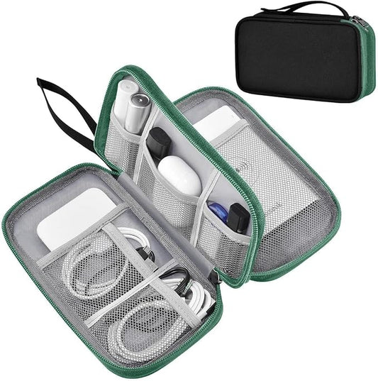 ZINMARK Portable Cable Organizer Case,Travel Pouch with Double-Layer Storage for Cables,Chargers,Earbuds & Phone,Black Green– Small Size