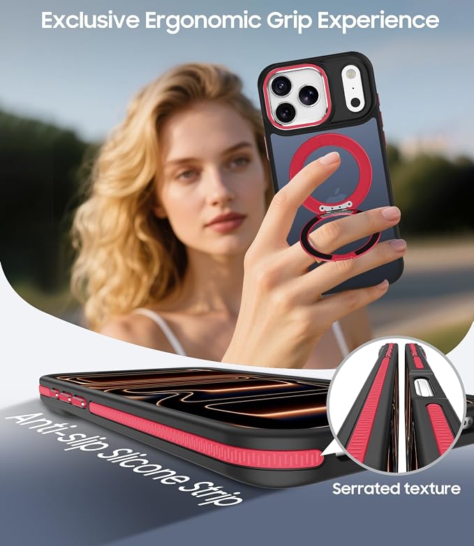 for iPhone 17 Pro Max Case with 360 Magnetic Ring Stand, Fit MagSafe, Military-Grade Shockproof Protection, Non-Slip Slim Translucent Protective Phone Cover, Red