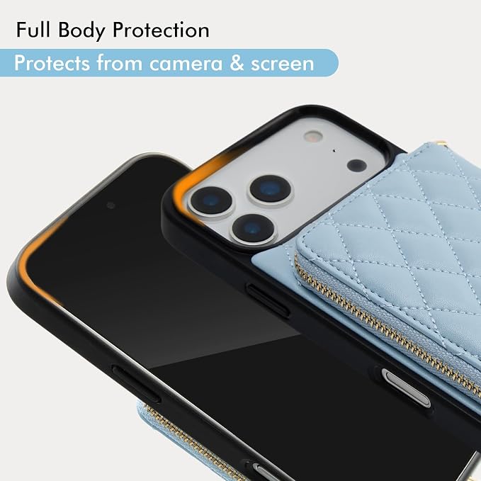 LAMEEKU for iPhone 17 Pro Case Wallet with Card Holder, Wrist Strap Crossbody Phone Cover for Women 6.3" Blue