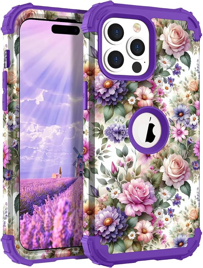 Hocase for iPhone 15 Pro Case, Heavy Duty Shockproof Protection Soft Silicone Rubber Bumper+Hard Plastic Hybrid Protective Case for iPhone 15 Pro 6.1" 2023 - Purple Pink Flowers