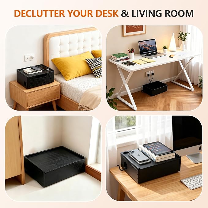 Wooden Cable Management Box – Sleek Cord Organizer & Power Strip Organzer Box Large Wire Hider for Power Strips, Chargers and Desk Cables – Floor Cord Covers Neat Storage for, Routers and USB Hubs