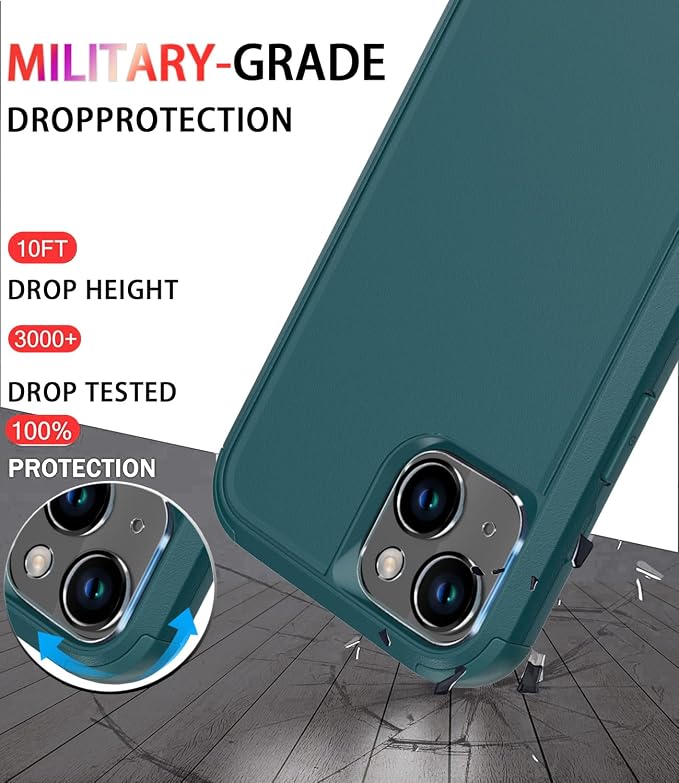Diverbox for iPhone 14 Case [Shockproof] [Dropproof] [Tempered Glass Screen + Camera Lens Protector],Heavy Duty Protection Phone Case Cover for Apple iPhone 14 (Dark Green)