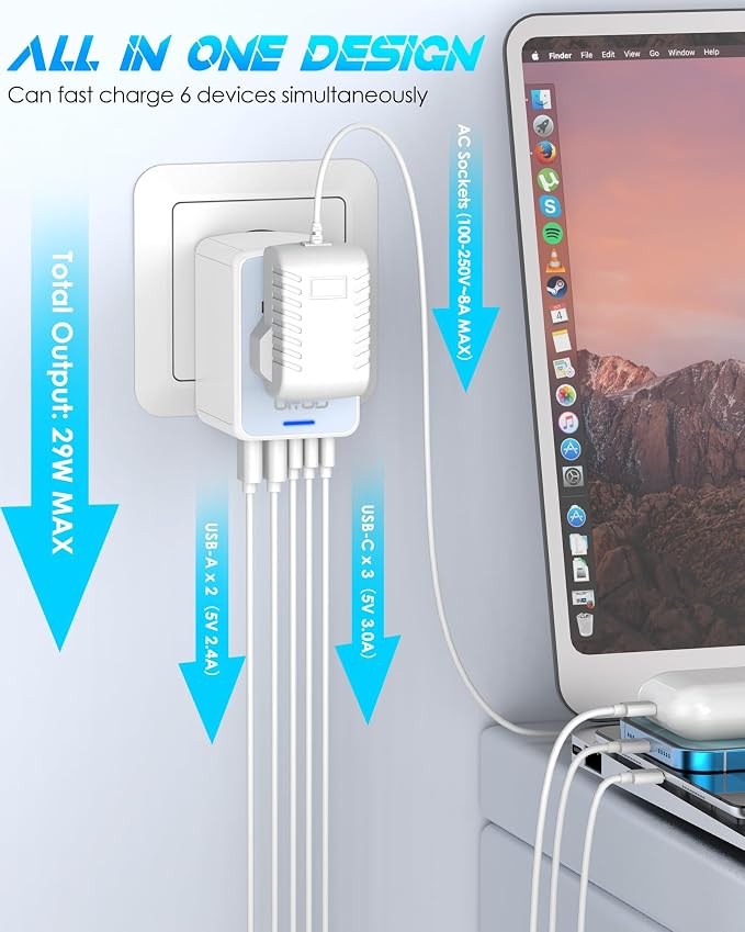 Universal Travel Adapter, 30W 5 USB C/A Ports & 2500W AC Outlet, White | International Power Adapter for Phone Tablet & All USB Devices, Multi Plugs 110V 220V A/C, for Europe UK US 200+ Countries