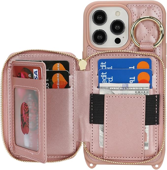 Crossbody Wallet Case for iPhone 14 Pro Max, PU Leather Zipper Handbag Purse Flip Cover, Kickstand Folio Case with Card Slots Holder Wrist Strap Lanyard 5G 6.7 Inch-Rose Gold