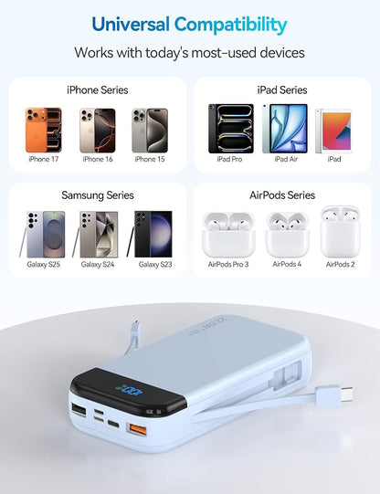 Portable Charger Power Bank 32000mAh with Built in Cables, PD3.0 USB C Fast Phone Charger, 5 Outputs LCD Display Travel Battery Pack Compatible with iPhone, Samsung All Cell Phones (Blue)