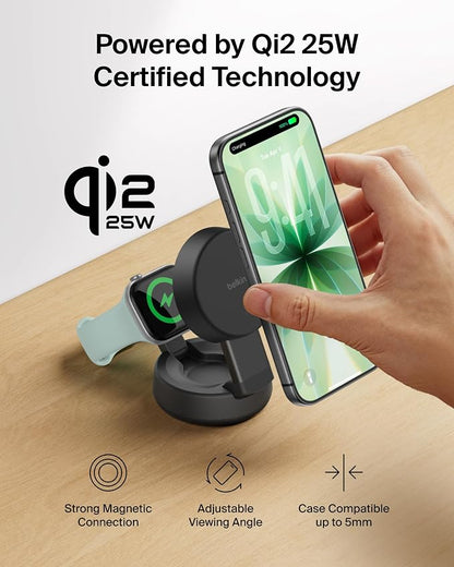 Belkin MagSafe Charger Compatible, 2-in-1 Wireless Charging Station, Qi2.2 25W Convertible Magnetic Charger for iPhone 17, Apple Watch Series 10, Google Pixel 10, and More (45W Adapter Included)