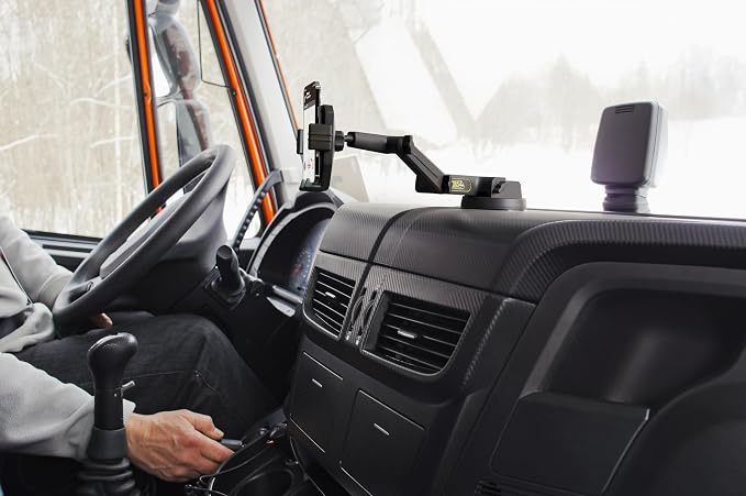 Cell Phone Mount for Truck Phone Holder for Truck Drivers - Heavy Duty Suction Cup + Dashboard Pad, iPhone Holder for Dashboard Window 16.9 inch Long, for iPhone & Samsung, Big Rig Trucker, Gray