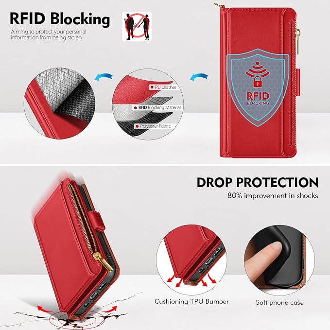 Antsturdy Compatible with iPhone 16 Plus Wallet Case,RFID Blocking PU Leather Phone Case Women Men Kickstand flip Cover Wrist Strap Zipper Credit Card Holder Slots for Apple 16 Plus 6.7",Red