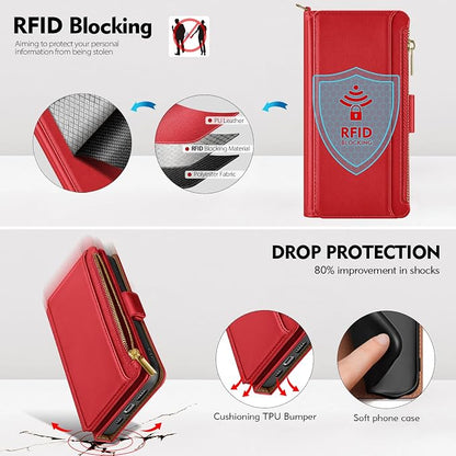 Antsturdy Compatible with iPhone 16 Plus Wallet Case,RFID Blocking PU Leather Phone Case Women Men Kickstand flip Cover Wrist Strap Zipper Credit Card Holder Slots for Apple 16 Plus 6.7",Red