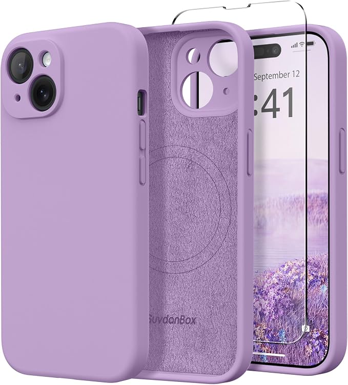 Magnetic for iPhone 15 Case, Compatible with MagSafe, [Screen Protector + Full Camera Protection], Silicone Shockproof Anti-Scratch Protective Phone Case for iPhone 15 6.1", Light Purple