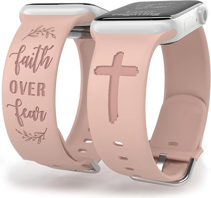 Faith Over Fear Watch Band Compatible with Apple Watch Laser Engraved iWatch Band Silicone 38mm 40mm 41mm 42mm 44mm 45mm 49mm Strap Jesus Psalm Christian God (44/45/49mm S/M, Pink Sand)