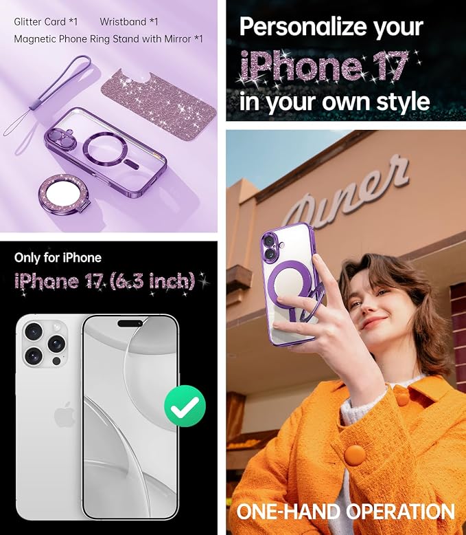 Meifigno Designed for iPhone 17 Case with Ring Stand (6.3"), [Built-in Mirror] [Compatible with MagSafe] [Glitter Card & Wrist Strap] Removable Phone Stand +Designed for iPhone 17 Case, Purple