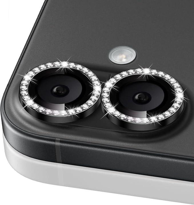 ShinKin Camera Lens Protector for iPhone 16/iPhone 16 Plus, Bling Glitter Camera Cover, 9H Tempered Glass Individual Metal Ring Camera Protector for iPhone 16/iPhone 16 Plus (Diamond - Black)