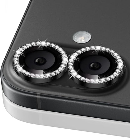 ShinKin Camera Lens Protector for iPhone 16/iPhone 16 Plus, Bling Glitter Camera Cover, 9H Tempered Glass Individual Metal Ring Camera Protector for iPhone 16/iPhone 16 Plus (Diamond - Black)