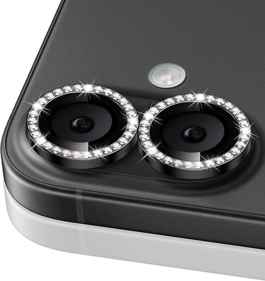 ShinKin Camera Lens Protector for iPhone 16/iPhone 16 Plus, Bling Glitter Camera Cover, 9H Tempered Glass Individual Metal Ring Camera Protector for iPhone 16/iPhone 16 Plus (Diamond - Black)