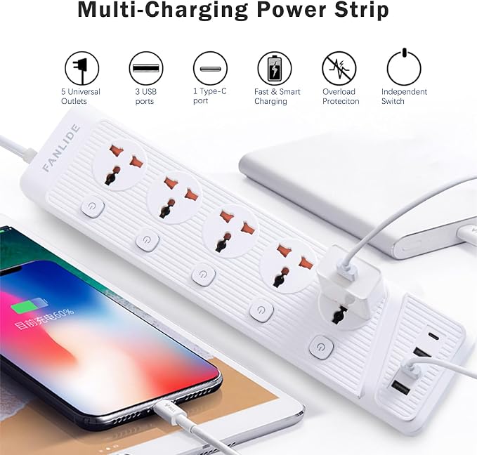 FANLIDE Universal Power Strip with USB C, 5 Outlets 3 USB and 1 USB C Ports, 6.5ft Power Cord Circuit Breaker