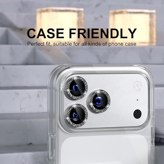 Choiche Compatible for iPhone 17 Pro/iPhone 17 Pro Max Camera Lens Protector Bling, 9H Tempered Glass Camera Cover Screen Protector Metal Ring Decoration Accessories (Glitter-Black)