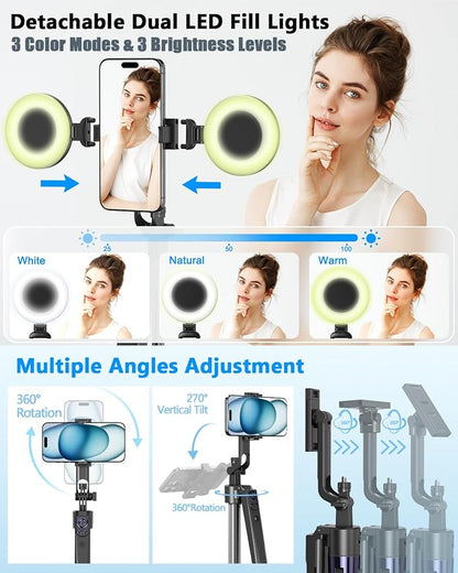 Vlogging Kit for iPhone/Android, 63”Auto Face Tracking Tripod for iPhone with Light, Wireless Microphones, Scrolling Remote Control for TikTok, Content Creator Kit for YouTube Starter