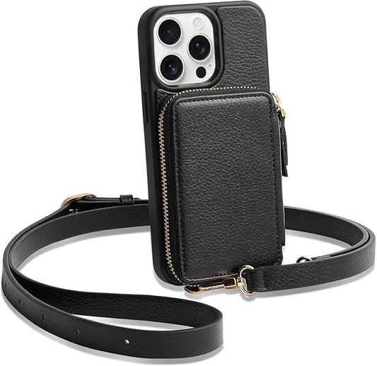 ZVE for iPhone 14 Pro Wallet Case, Card Holder Zipper Crossbody Phone Case with Wrist Strap, RFID Blocking Leather Purse for Women Compatible with iPhone 14 Pro, 6.1 inch, 2022-Black