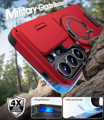JAME for Samsung Galaxy S26 Ultra Case, Ring Holder Stand Kickstand, Slide Camera Cover with Screen Protector, Dual-Layer Shockproof Protective Magnetic Accessory Friendly S26 Ultra Phone Case, Red