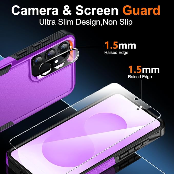SPIDERCASE Designed for Samsung Galaxy S25 Case, [10 FT Military Grade Drop Protection], 2 Pack [Tempered Glass Screen Protector+Camera Lens Protector] Heavy Duty Shockproof Case,Dark Purple