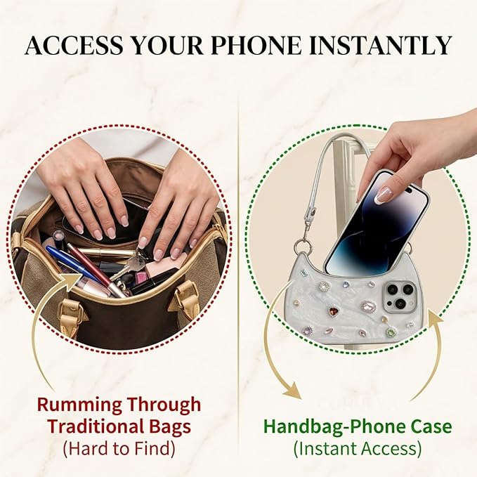 Ethereal Gemstone Aura Handbag for iPhone Case, 3D Cute Luxury Bling Diamond Crystal Rhinestone Handbag Phone Case for iPhone 17/16/15 Pro Max (16promax,White)