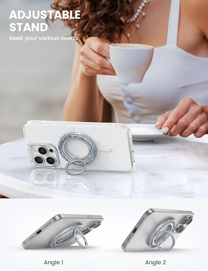 Lamicall Magnetic Phone Ring for MagSafe Grip - [Super Magnet] Stylish Ring Holder Stand with [Upgrade Gear Hinge], for iPhone 17 16 15 14 Pro Max Air, Mag Safe Women Decor Accessories, Glitter Silver