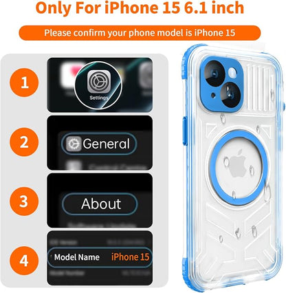 for iPhone 15 Waterproof Case Compatible with MagSafe, Translucent Slim IP68 Underwater Built-in Screen Protector, 12FT Military Grade, 360 Full Body Protective Cover 6.1 inch (Blue)