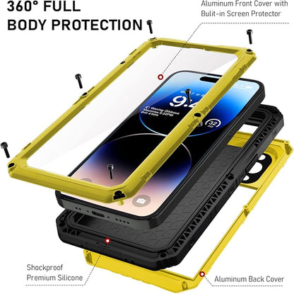 Beasyjoy Waterproof Case for iPhone 14 Pro, Metal Full Body Sealed Phone Case with Built-in Screen Protector, Military Grade Heavy Duty Defender Armor Shockproof Rugged Case 6.1 Inch, Yellow