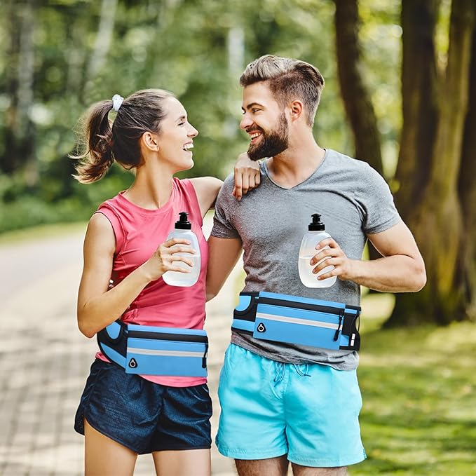 Fanny Pack with Water Bottle Holder for Running Hiking Hydration Marathon Exercise Outdoor, Slim Running Belt for Men Waterproof Waist Bag for Women Girls Kids Cell Phone iPhone Carrier Blue