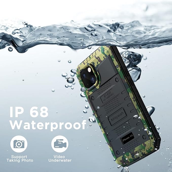 Mitywah Waterproof Case for iPhone 14, Heavy Duty Shockproof Case with Built-in Screen Protector, Full Body Underwater Protective Metal Case 6.1 inch, Camouflage