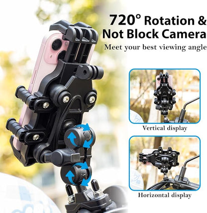 EMERK Motorcycle Phone Mount Holder - [Dual Vibration Dampener] [Anti-Shake Anti-Theft] Bike Phone Holder, Adjustable Handlebar Cellphone Cradle for Bicycle Road Scooter ATV Fit 4.7''-7.2'' Smartphone
