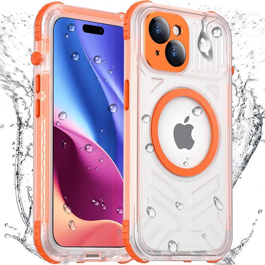Temdan Magnetic for iPhone 15 Case Waterproof,[Built-in Screen & Camera Protector][Full Body Shockproof][IP68 Underwater][Dustproof] Shockproof Phone Case for iPhone 15 6.1"-Orange