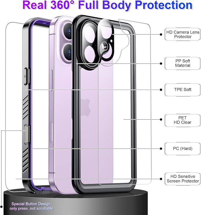Temdan Compatible with iPhone 17 Case,Waterproof Built-in Screen & Camera Protector IP68 Underwater Full Body 17FT Military Dropproof Shockproof Phone Case 6.3"-Purple/Clear