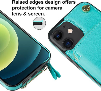 Bocasal Crossbody Wallet Case for iPhone 12/12 Pro, RFID Blocking Leather Purse Case with Card Holder, Protective Handbag Flip Cover with Zipper Wrist Strap Lanyard for Women 5G 6.1 Inch (Mint Green)